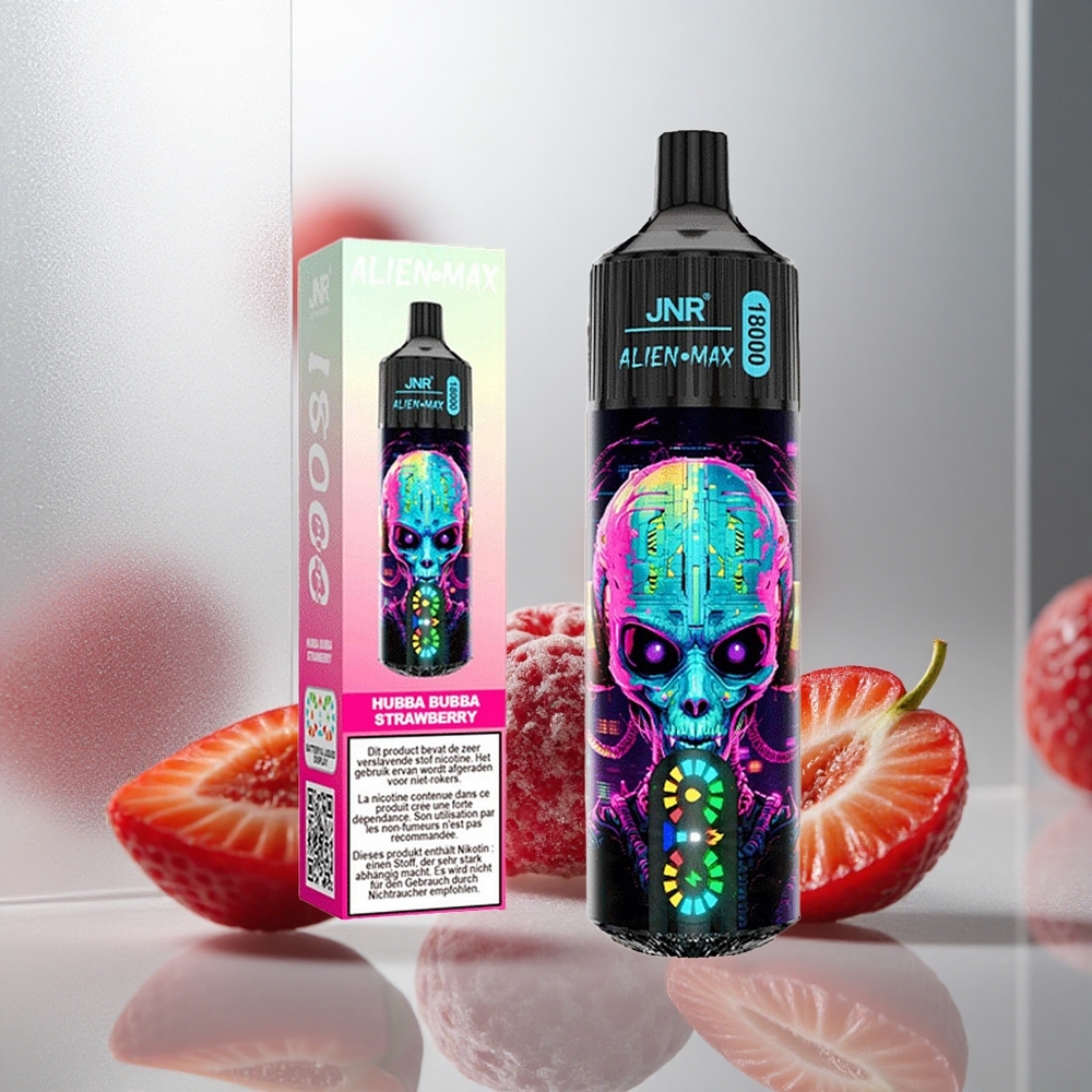 JNR Alien Max 18000 Puffs Enkratna E-cigareta Hubba Bubba Jagoda s Pametnim LED Zaslonom in Dvojno Mrežno Tuljavo