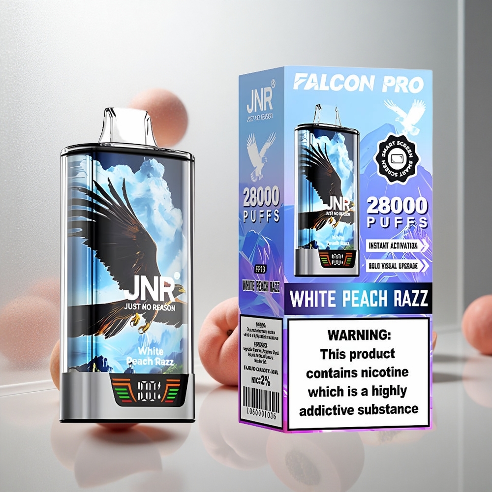 JNR Falcon Pro 28000 Enkratna E-cigareta Beli Breskva Malina 30ml 28000 Potegov