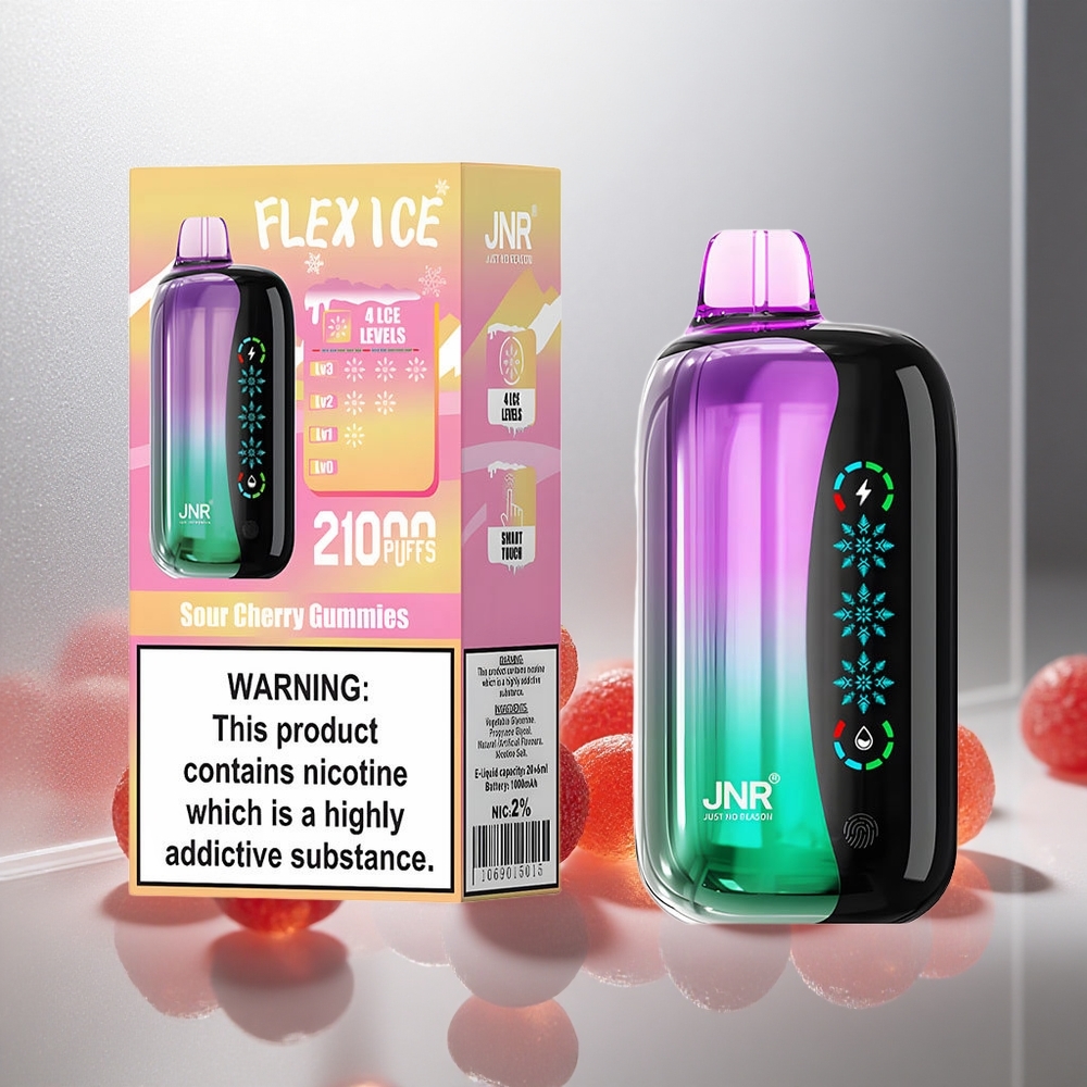 JNR Flex Ice 21000 Pofov Enkratna E-cigareta Kisli Češnjevi Gumiji z Nastavljivim Ledom in 26ml E-tekočine