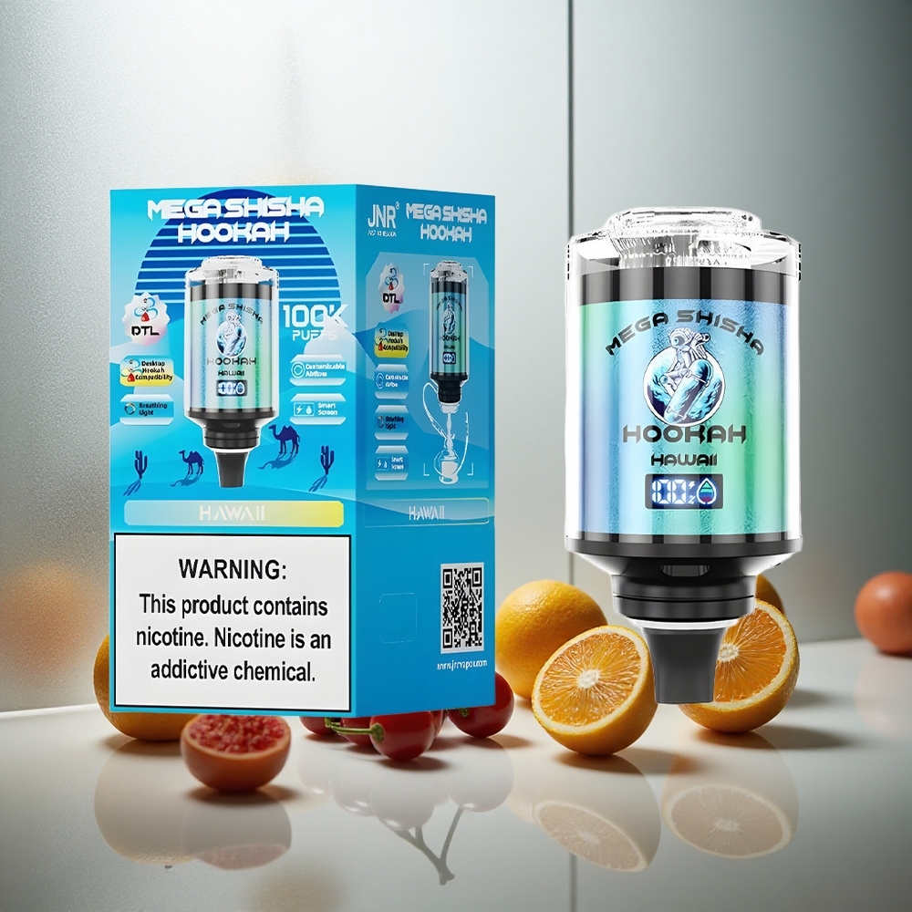JNR Mega Shisha Hookah 100K Namizna Združljivost Havaji z 100.000 vdihljaji in 60ml prostornine