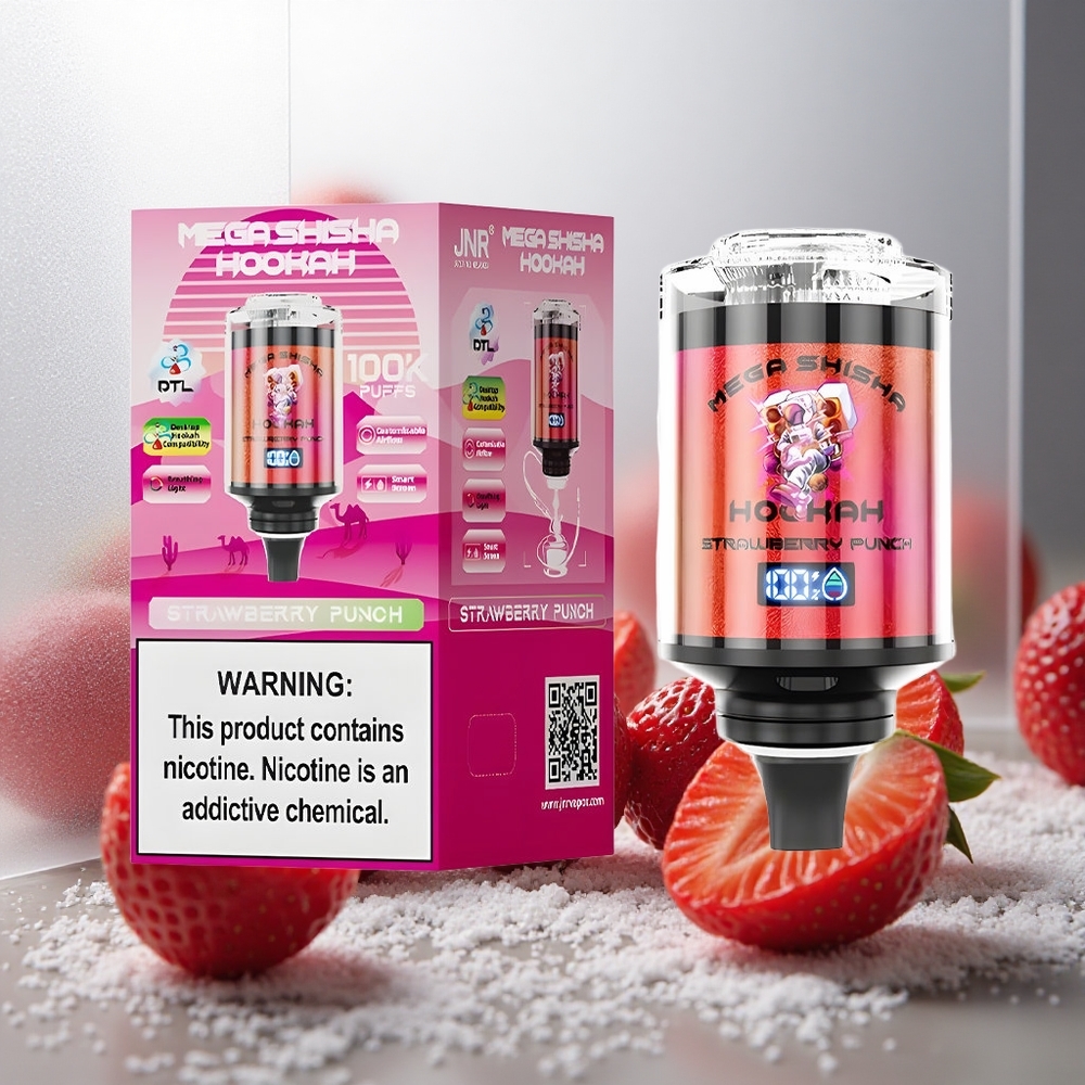JNR Mega Shisha Hookah 100K Namizna združljivost Jagodni Punč, 60ml e-tekočina, 2200mAh baterija