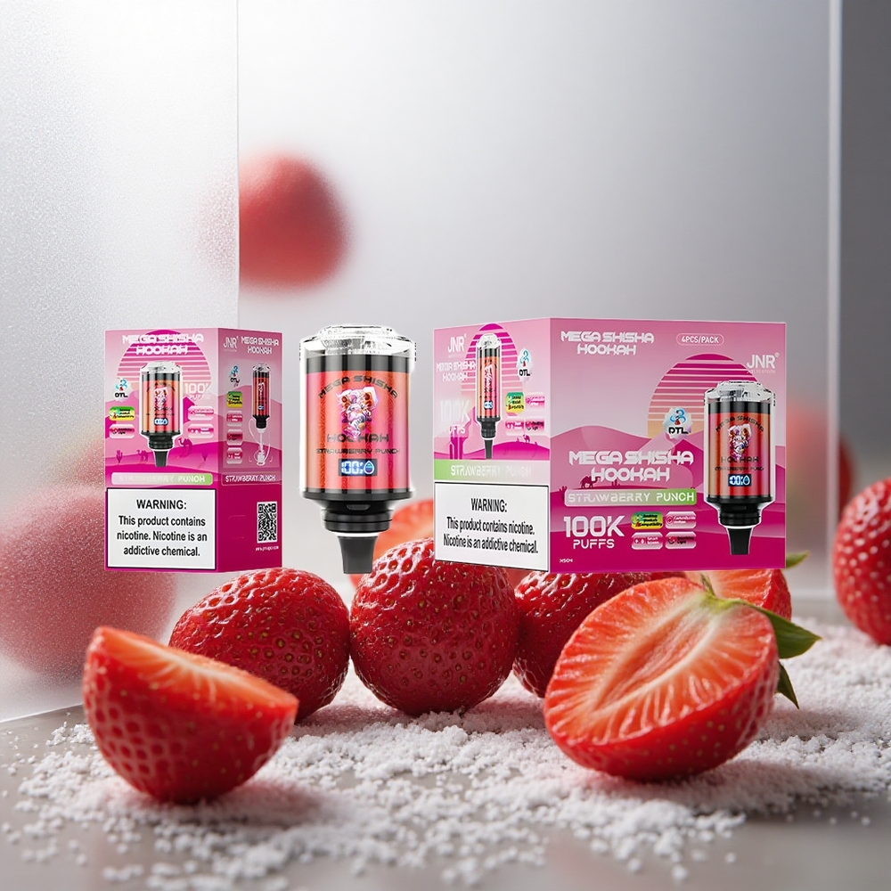 JNR Mega Shisha Hookah 100K Namizna združljivost Jagodni Punč, 60ml e-tekočina, 2200mAh baterija