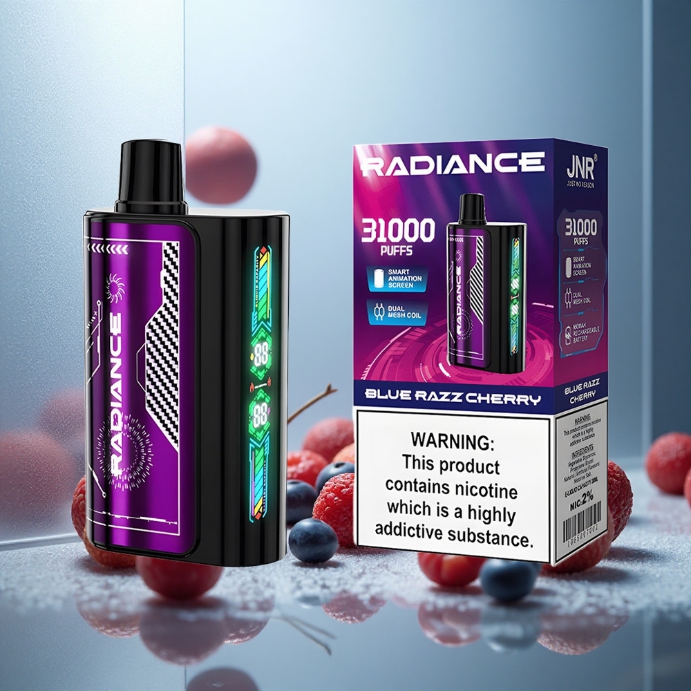 JNR Radiance 31000 Potegov Enkratna E-cigareta MODRA MALINA ČEŠNJA z 28ml E-tekočine in 950 mAh Baterijo