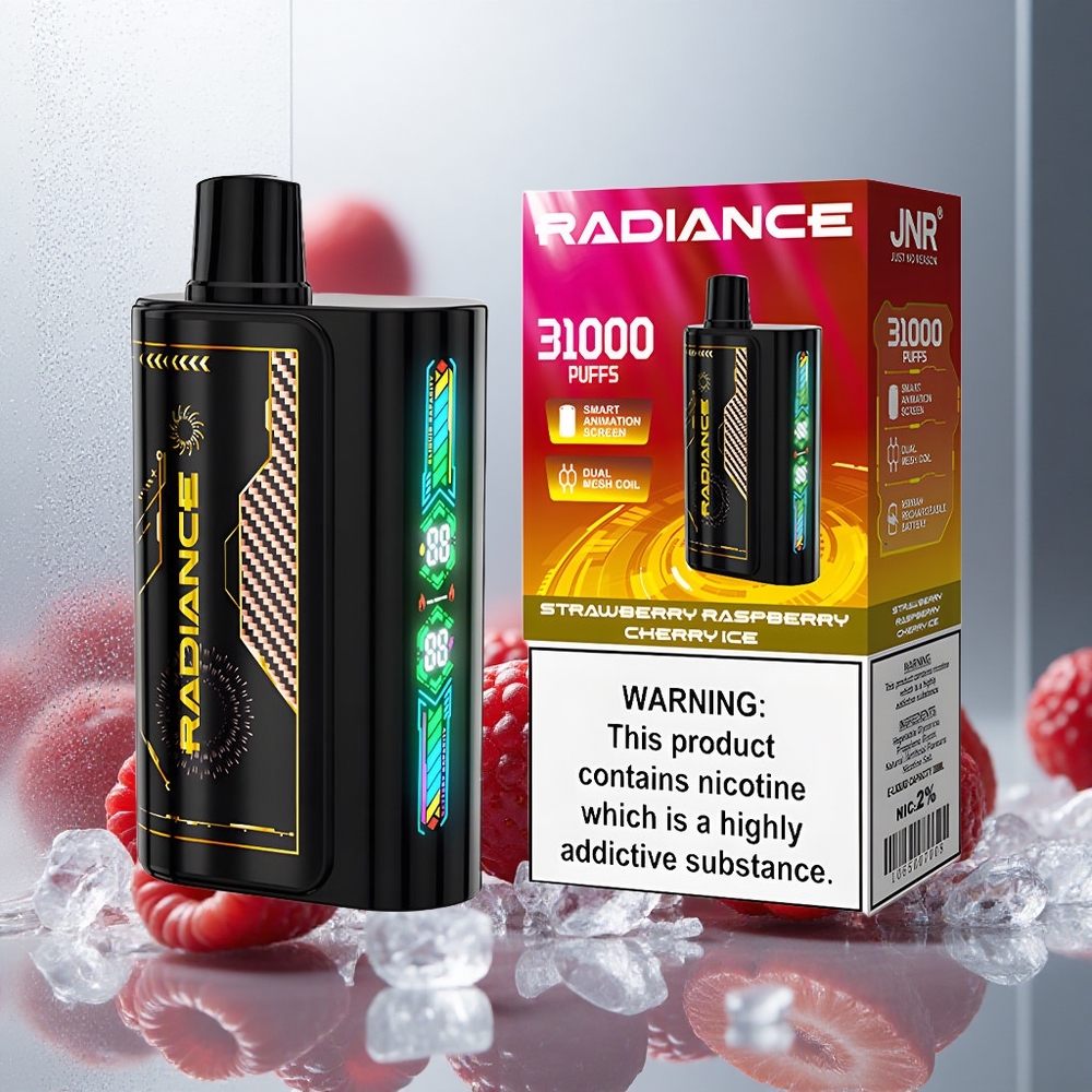 JNR Radiance 31000 Povžki Enkratna E-cigareta JAGODA MALINA ČEŠNJA LED z 28ml E-tekočine in 950 mAh Baterijo