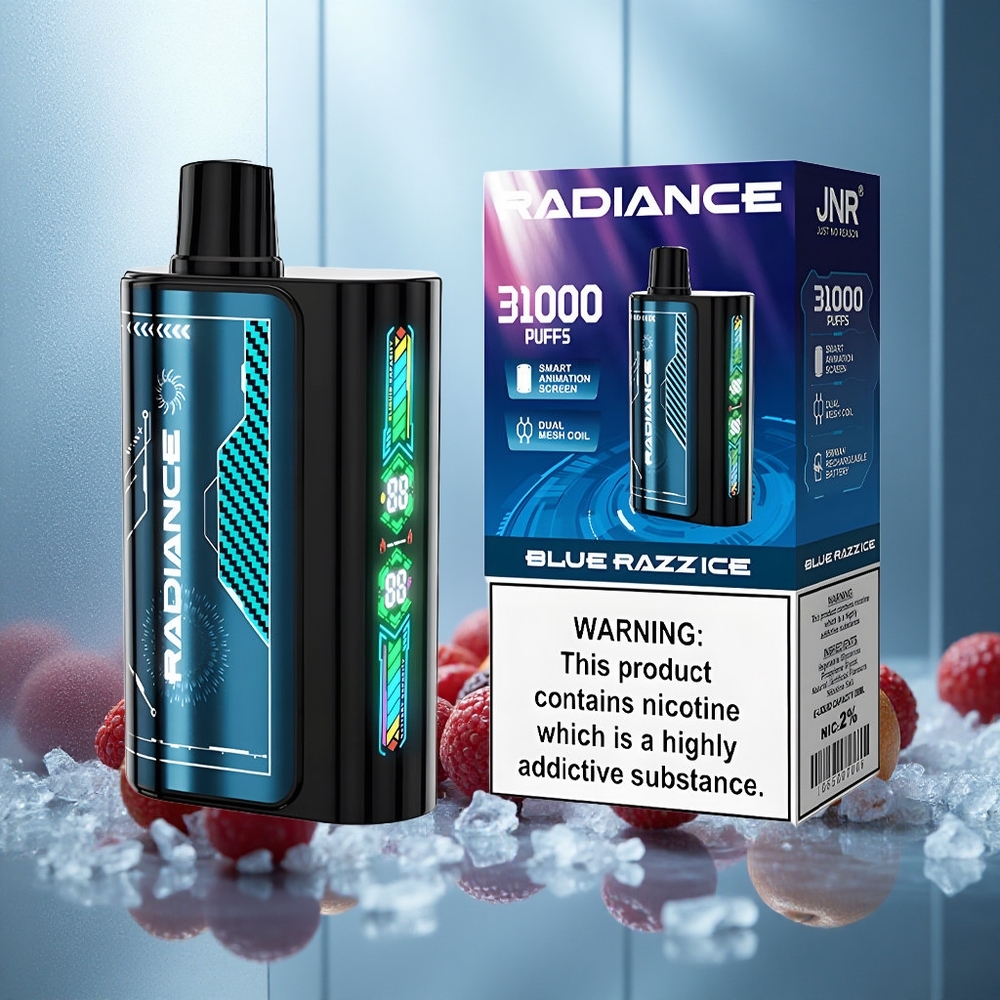 JNR Radiance 31000 Puffov Enkratna E-cigareta MODRA MALINA LED z 28ml E-tekočine in 950 mAh Baterijo