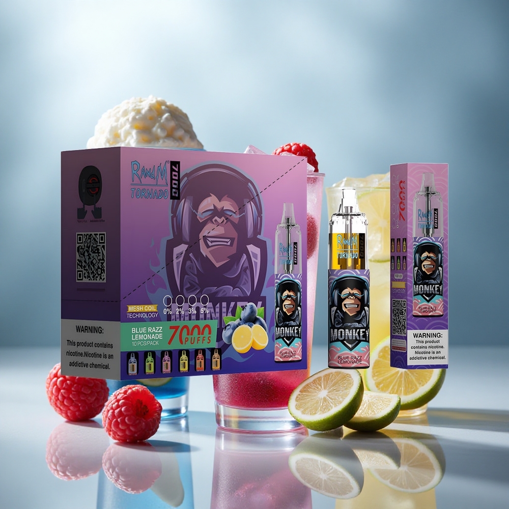 RandM Fumot Tornado 7000 Puffov Enkratna Vape Modra Malina Limonada z 14 ML E-tekočine in Mesh Coil