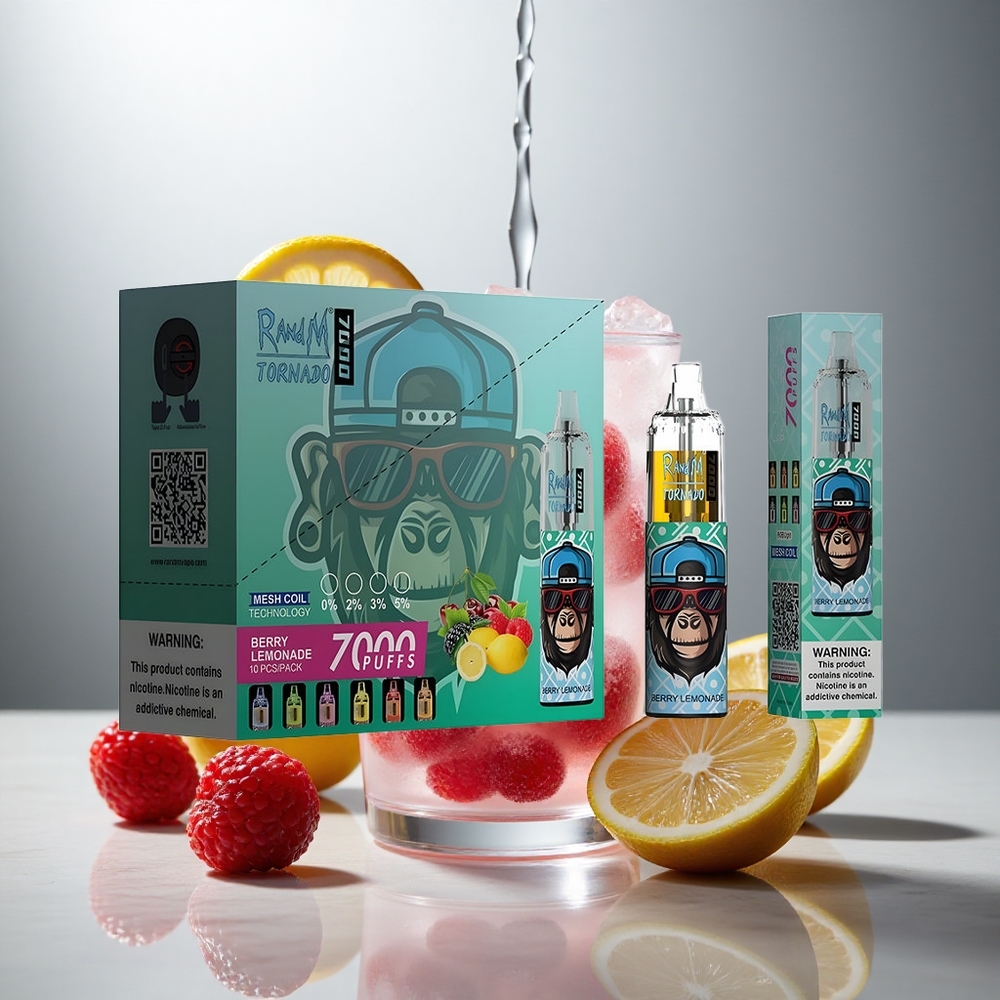 RandM Fumot Tornado 7000 Pufov Enkratna Vapetnica Jagoda Limonada z 14 ML E-tekočine in Nastavljivim Zrakom