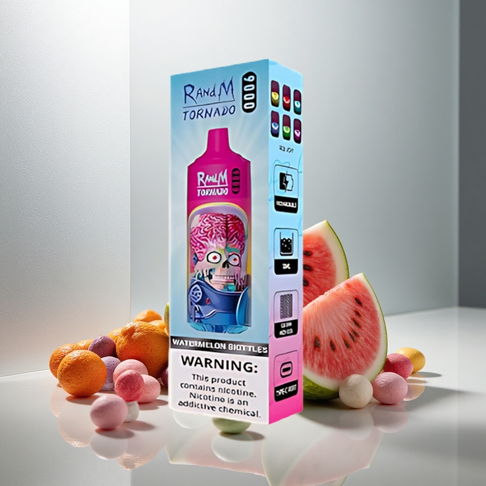 RandM Fumot Tornado 9000 Puffov Disposable Vape Lubenica Skittles z 18 mL E-tekočine in Mrežasto Tuljavo