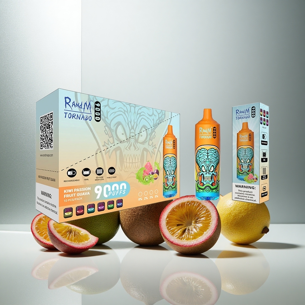 RandM Fumot Tornado 9000 Puffs Dispozabilna Vapa Kiwi Pasijonka Guava z 18 mL E-tekočine in RGB Displayem