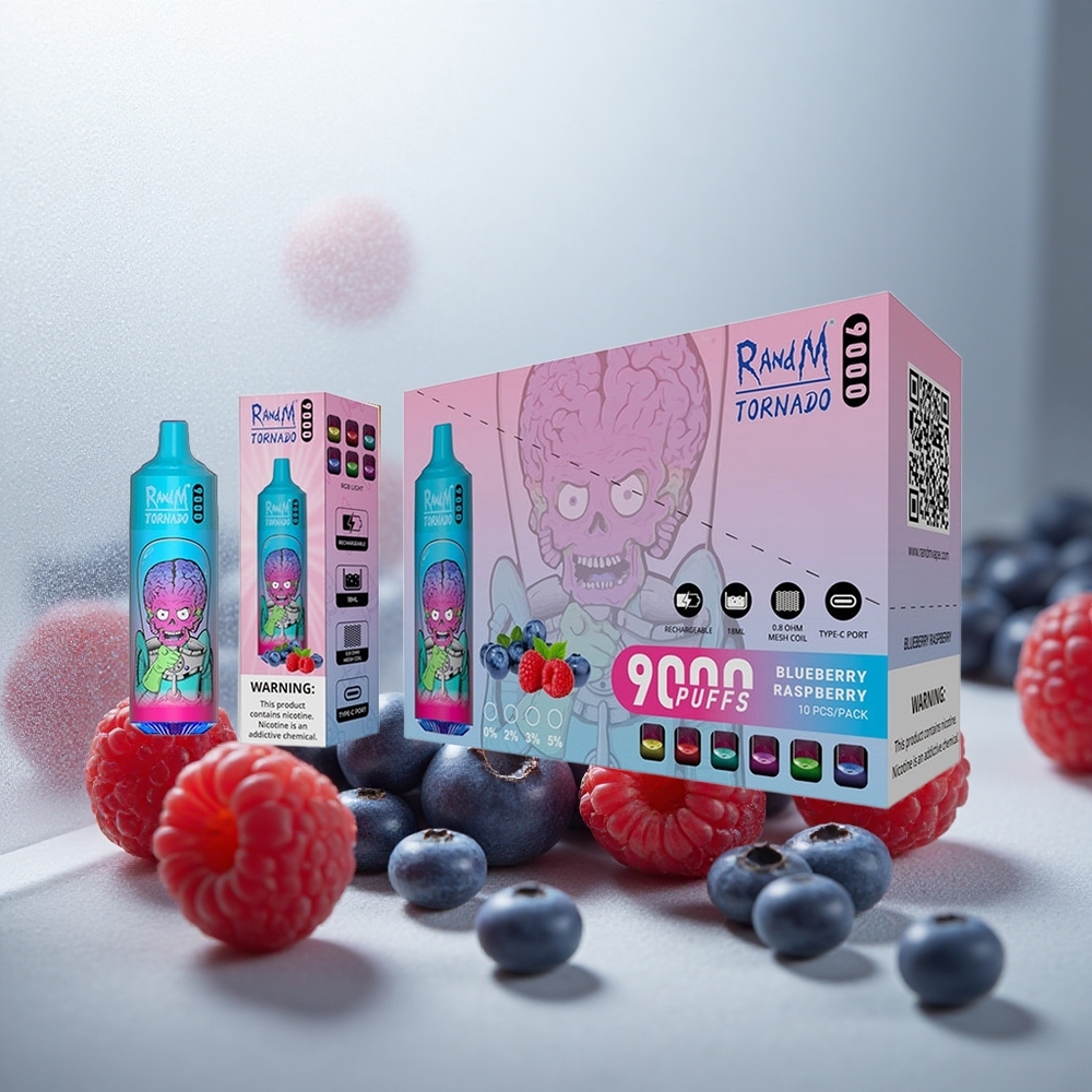 RandM Fumot Tornado 9000 Puffs Enkratna Vape Borovnica Malina z 18 mL E-tekočine in 850 mAh Baterijo