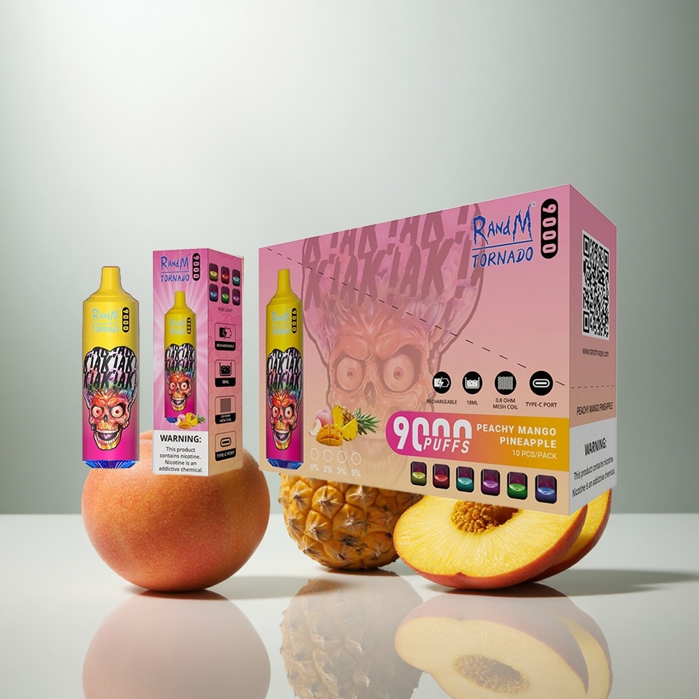 RandM Fumot Tornado 9000 Puffs Enkratna Vape Breskva Mango Ananas z 18 mL E-tekočine in 850 mAh Baterijo
