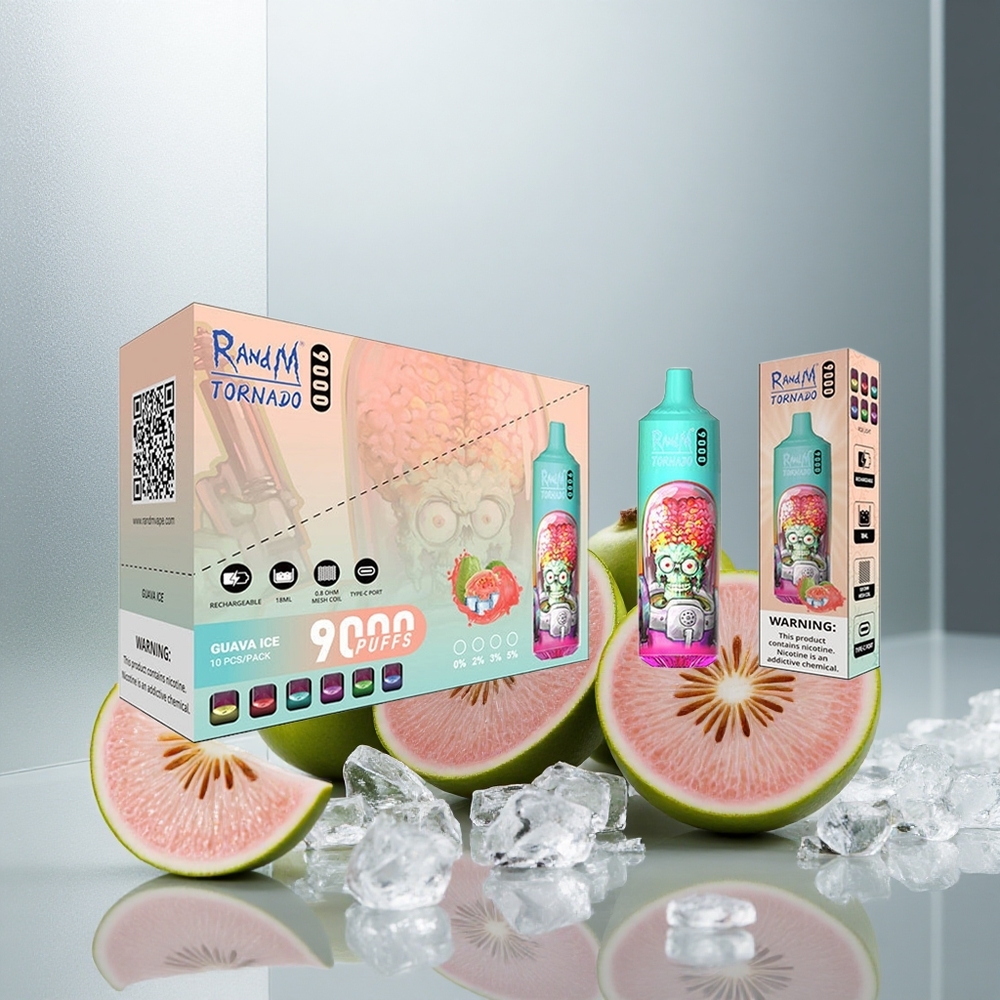 RandM Fumot Tornado 9000 Puffs Enkratna Vape Guava Led z 18 mL E-tekočine in 850 mAh Baterijo