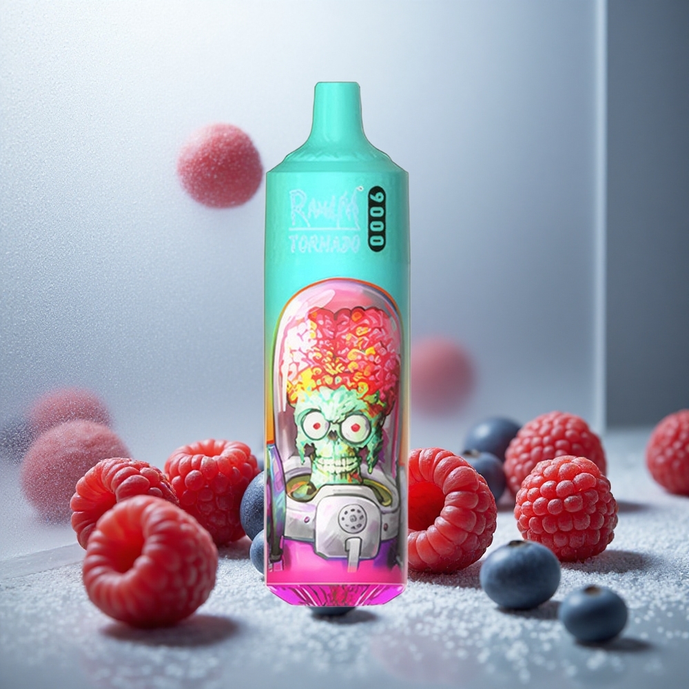 RandM Fumot Tornado 9000 Puffs Enkratna Vape Modra Kisla Malina z 18 mL E-tekočine in Mesh Coil