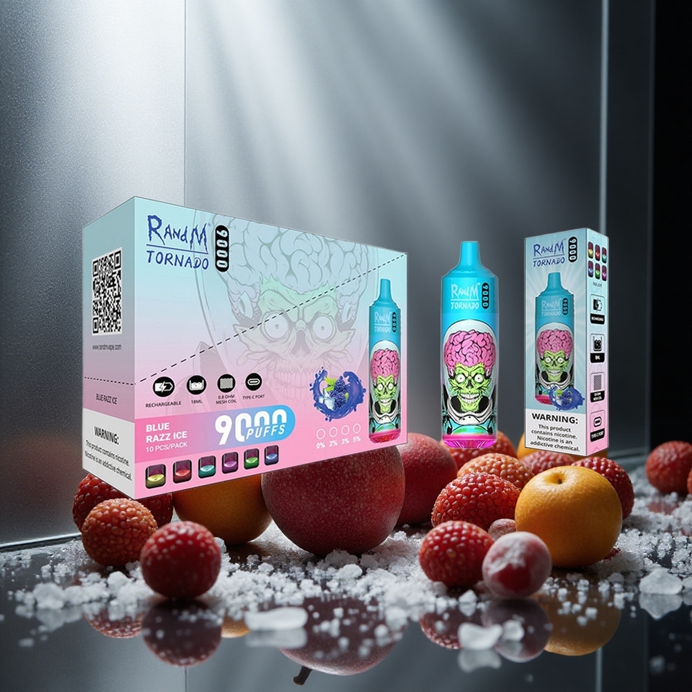RandM Fumot Tornado 9000 Puffs Enkratna Vape Črni Zmaj Led z 18 mL E-tekočine in Mrežasta Tuljava