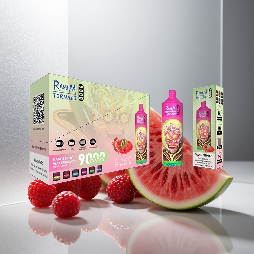 RandM Fumot Tornado 9000 Pufov Enkratna Vape Malina Lubenica z 18 mL E-tekočine in 850 mAh Baterijo