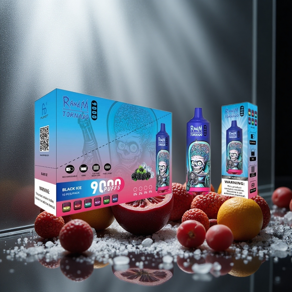 RandM Fumot Tornado 9000 Pufov Enkratna Vape Črni Led z 850 mAh Polnilno Baterijo in 18 mL E-tekočine